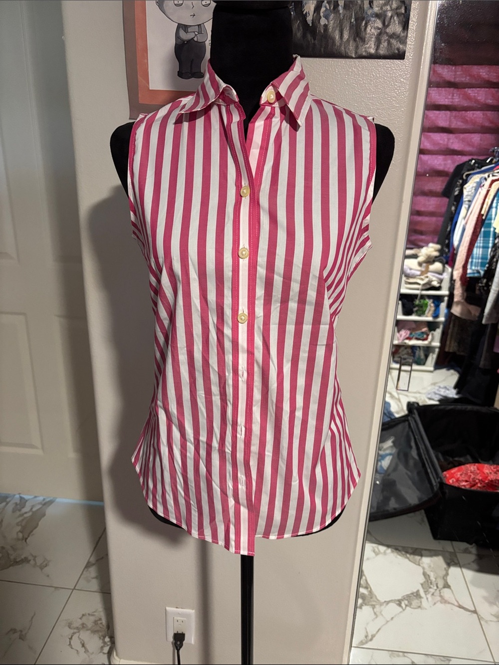 Banana Republic Pink and White Striped Sleeveless Button-Down